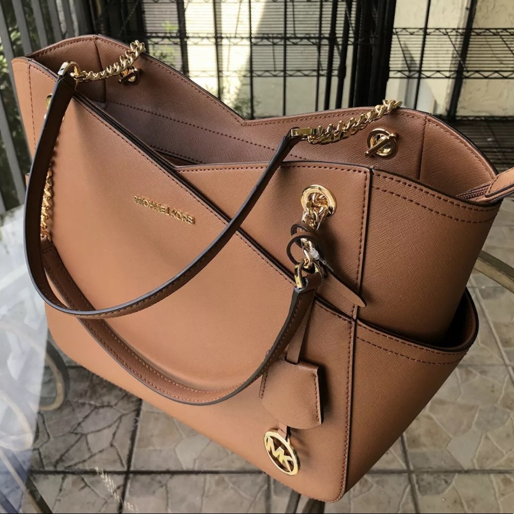 Michael Kors Jet Set Travel Large Chain Shoulder Top Zip Tote MK Signature